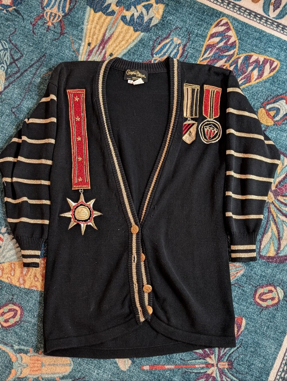 VINTAGE 1990 CHRISTINE PHILLIPÉ CALIFORNIA EMBELLISHED MILITARY CREST CARDIGAN S